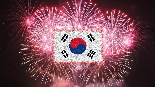 South Korea Flag Fireworks White Black Red Blue Taeguk. Celebratory Korean National Flag Pyrotechnics Display. Dynamic Yin-Yang Trigram Fireworks.