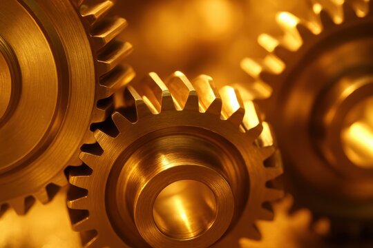 Meshing Gears: An intricate composition of metallic gears interlocks, a symphony of precision and functionality, exuding a sense of industrial craftsmanship and technological advancement.