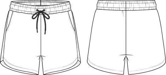 Men's Sports Shorts Technical Drawing Vector Template with Elastic Waistband Drawstring and Front and Back View