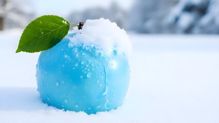 Surreal blue apple resting in deep snow with a frosty white cap and fresh green leaf, dew drops shimmering on the smooth surface, creating a dreamy fantasy winter still-life full of color contrast and