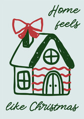 Whimsical Christmas vector card. Vintage retro holidays print design with gingerbread house coquette illustration