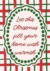 Whimsical Christmas vector card. Vintage retro holidays print design with festive quote in coquette frame on plaid background