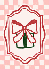 Whimsical Christmas vector card. Vintage retro holidays print design with gift bow illustration in coquette frame on checkered background