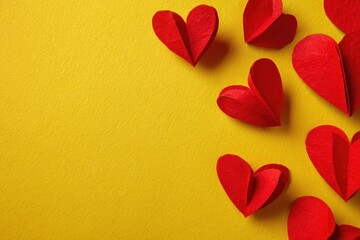 Obraz premium Red paper hearts scattered on a bright yellow surface create a vibrant and cheerful display ideal for celebrations or crafts