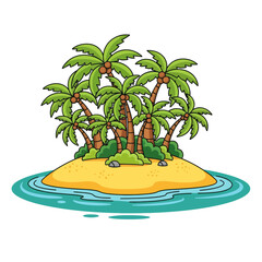 Fototapeta premium Cartoon Tropical Island Paradise with Palm Trees and Blue Water