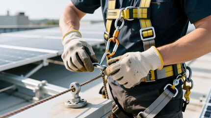 Close-up of a worker in a safety harness and gloves securing a lifeline on a rooftop solar installation emphasizing adherence to risk control for worker protection and site compliance