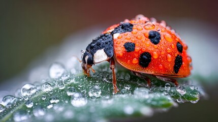 Obraz premium Ladybug covered in water droplets on a green leaf, showcasing nature's beauty.