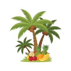 Obraz premium Tropical Paradise: Coconut Palm Trees with Assorted Exotic Fruits on Green Island