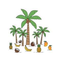 Fototapeta premium Tropical Fruit Paradise: Palm Trees, Bananas, Pineapples and Mangoes illustration