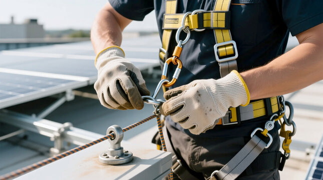 Close-up of a worker in a safety harness and gloves securing a lifeline on a rooftop solar installation emphasizing adherence to risk control for worker protection and site compliance