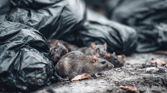 Rats scavenging near black trash bags