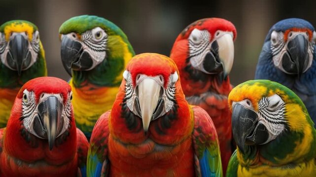 Vibrant group of colorful parrots and macaws looking forward together