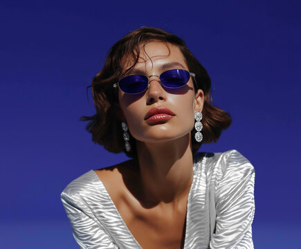 Editorial beauty portrait of young model with blue sunglasses and glossy skin. Trendy fashion campaign visual for branding and social media
