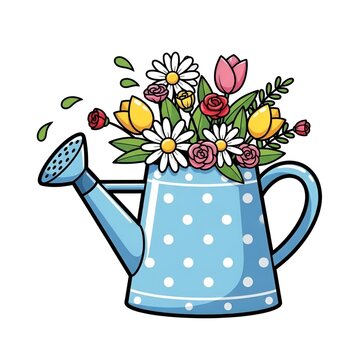 Cute watering can with flowers cartoon illustration on white background