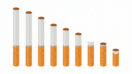 Cigarettes in various lengths in a row in studio shot with soft natural lighting for anti-smoking campaign