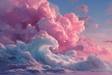 Pink Clouds and Blue Ocean Wave, Dreamy Landscape