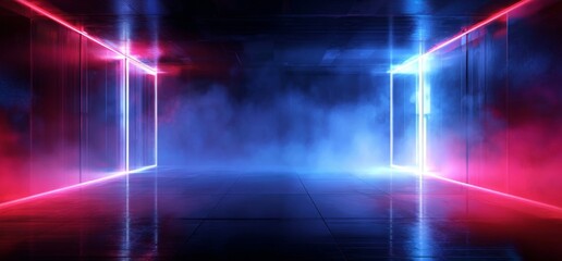 Abstract Neon Room with Smoke and Reflections.