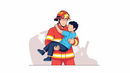 Firefighter Rescuing a Child from Danger, Vector Illustration