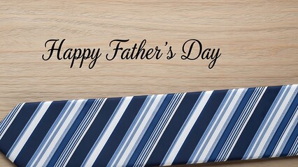Happy father's day greeting with a classic striped blue and white tie on a wooden background