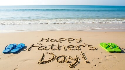 A serene beach scene with "happy father's day!" written in the sand, flanked by colorful flip-flops