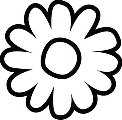 満開のデイジーの花のアウトライン白黒線画イラスト　カモミールやハーブ系のシンプルな花のイメージ　透明背景