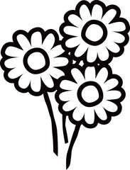 満開のデイジーの花3本のアウトライン白黒線画イラスト カモミールやハーブ系のシンプルな花のイメージ　透明背景