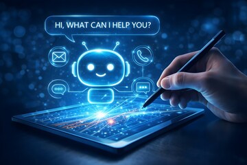 A smiling businessman using a stylus on a tablet with a glowing blue AI chatbot hologram, featuring communication icons in a bright modern office.