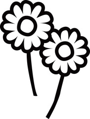 満開のデイジーの花2本のアウトライン白黒線画イラスト カモミールやハーブ系のシンプルな花のイメージ　透明背景