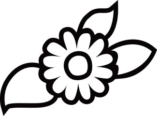 満開のデイジーの花と葉アウトライン白黒線画イラスト　 カモミールやハーブ系のシンプルな花のイメージ　透明背景