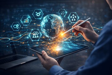 Professional using a stylus on a tablet with a glowing holographic world globe and business icons, illustrating global connectivity, cloud computing, and digital transformation.