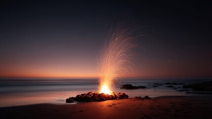 Bonfire on the beach at night with sparks rising into the starry sky