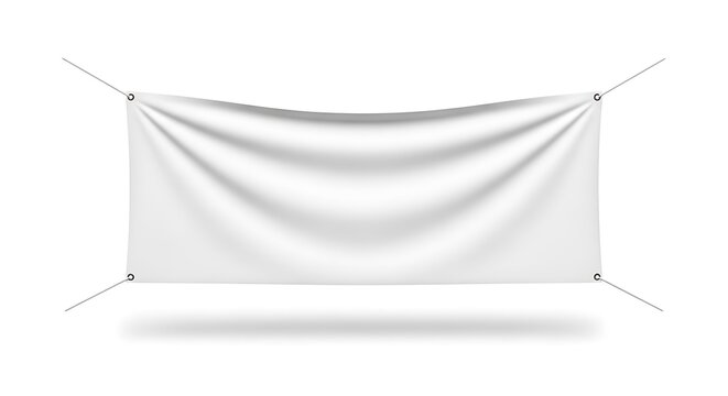Blank white banner template with realistic fabric texture and subtle wrinkles, perfect for advertising and promotion, isolated on white background