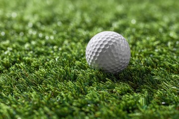 Fototapeta premium Close-up view of a golf ball resting on lush green grass at a golf course surrounded by nature during daylight