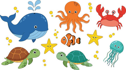 Cute sea animals cartoon illustration set, whale octopus turtle fish crab jellyfish starfish icons collection © Vexora Studio