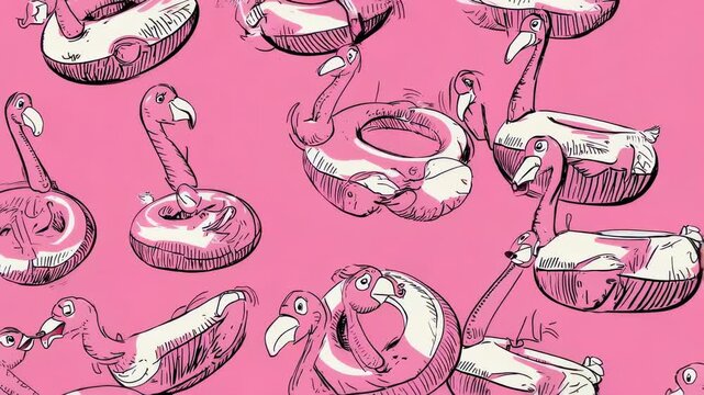 Illustration of pink flamingo floaties on a vibrant pink background