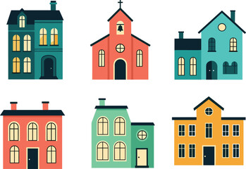 Naklejka premium Flat colorful building illustration set with residential houses and church facades in simple architectural vector style