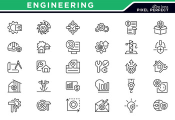 Engineering line icon set. Management, business, organization, finance, transparent, manufacturing, hard hat thin line icon pack.