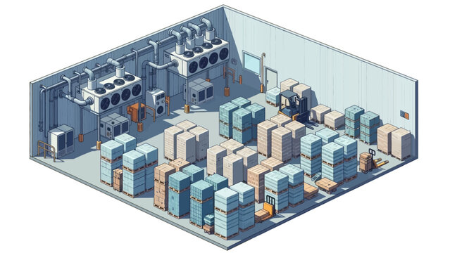 Isometric illustration of a cold storage warehouse filled with stacked boxes and industrial refrigeration units.