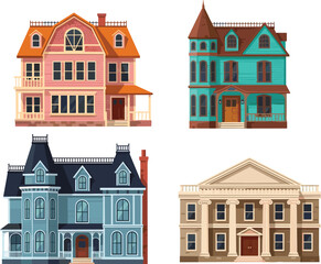 Fototapeta premium Victorian houses architectural illustration set with classic facades, colorful historic buildings, detailed exterior design collection