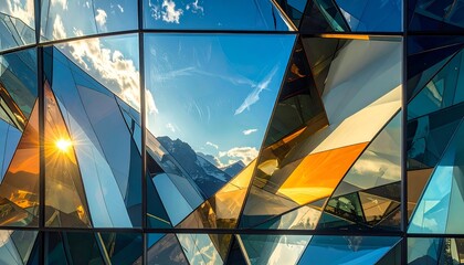 Reflective glass panels showcase a mountainous landscape and sunlight, forming an abstract mosaic