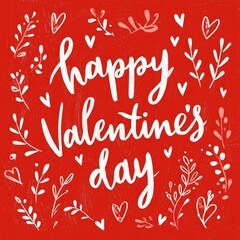Obraz premium Happy Valentine's Day calligraphy lettering on red background. Calligraphy Happy Valentine's Day lettering on a red background with hearts and leaves