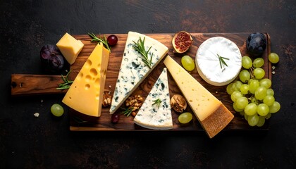 A beautifully arranged cheese platter featuring various types of cheese, fruits, and nuts
