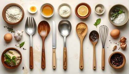 A beautifully arranged collection of cooking ingredients and utensils on a marble surface