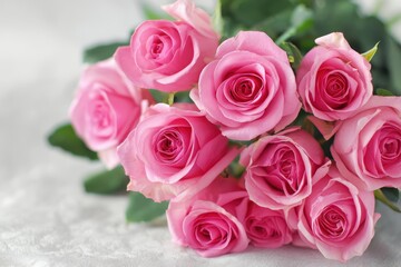 Naklejka premium Beautiful pink roses bouquet displayed elegantly with green leaves on a soft background, perfect for celebrations and special moments in daily life