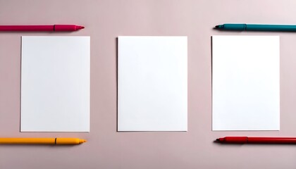 A minimalist layout featuring three blank sheets of paper surrounded by colorful markers on a pastel background