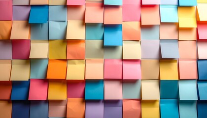 A vibrant assortment of pastel sticky notes arranged in a mosaic pattern on a surface