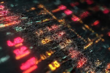 Digital animation depicting stock market tickers along with fluctuating data in a vibrant and visually dynamic display of market activity