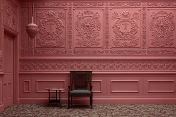 Stunning pink wallpaper showcases intricate paper patterns in an elegant room featuring a vintage chair and small table against a beautifully detailed backdrop