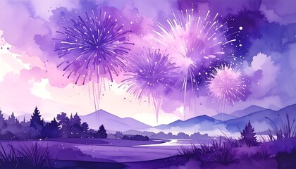 Watercolor illustration depicting vibrant fireworks exploding over a landscape with mountains, trees, and a lake, at dusk