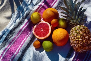 Bright tropical fruits beautifully arranged on a colorful beach blanket under the sun in a vibrant coastal setting